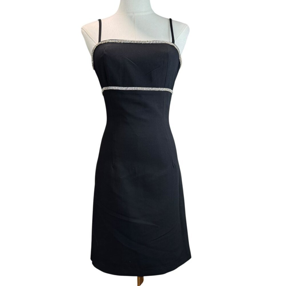 Lea & Viola Black Bodycon Mini Dress Rhinestone Trim Adjustable Straps SZ:S NWT